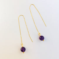 Genuine Natural Amethyst Gold Plated Threader Earrings, Pair