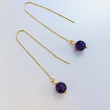 Genuine Natural Amethyst Gold Plated Threader Earrings, Pair