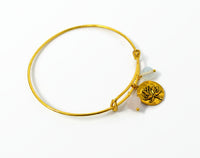 Rose Quartz Fertility Charm Bracelet. Gold Plated Lotus Charm Bangle. Adjustable.