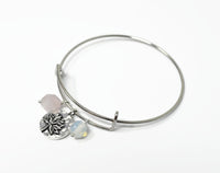 Rose Quartz Fertility Charm Bracelet. Silver Plated Lotus Charm Bangle. Adjustable.