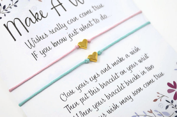 Pair of Gold Heart Wish Bracelets - Set of 2 Friendship Bracelets - Choice of Colours.