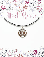 Silver Lotus Blossom Necklace. Lotus Flower Pendant - Adjustable Black Cotton Cord.