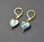 Genuine Abalone Shell Heart Earrings - Gold Plated Lever Back Earrings