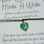 Wish Bracelet - Abalone Heart Charm. Paua Shell Heart Bracelet. String Bracelet.