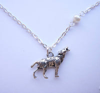 Howling Wolf & Moon Necklace - with Genuine Freshwater Pearl.