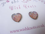 Heart Stud Earrings - Peach Pink Sparkle Stardust Hearts.