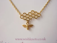 Honey Bee Necklace - Beehive Honeycomb Pendant. Gold Plated Bee Necklace.
