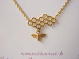 Honey Bee Necklace - Beehive Honeycomb Pendant. Gold Plated Bee Necklace.