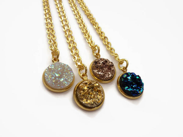 Druzy Necklace - Gold, Rose Gold, Opal or Black Faux Druzy Pendant. Choice Chain Length