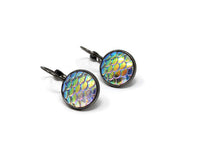 Mermaid Scale Earrings - Opal Rainbow Lever Back Earrings. Gunmetal Black Drop Earrings