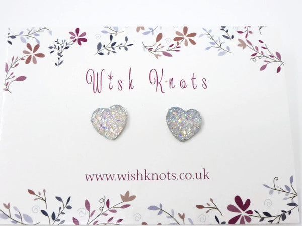 Heart Stud Earrings - Opal Glitter Sparkle Heart Studs. Bridesmaids Simple Earrings