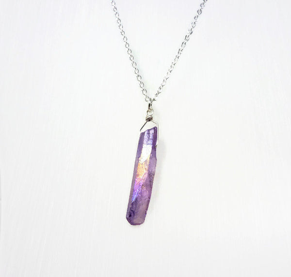 Aura Crystal Necklace - Natural Healing Quartz. Mystic Lavender Aura Crystal Pendant. Choose Chain & Length