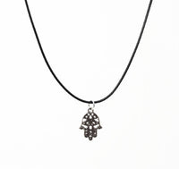 Silver Filigree Hamsa Hand Necklace. Hand of Fatima Pendant - Adjustable Black Cotton Cord Necklace