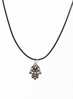 Silver Filigree Hamsa Hand Necklace. Hand of Fatima Pendant - Adjustable Black Cotton Cord Necklace