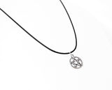 Silver Pentagram Necklace. Wicca Pendant - Adjustable Black Cotton Cord Necklace