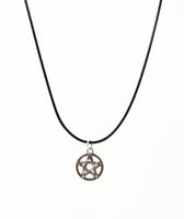 Silver Pentagram Necklace. Wicca Pendant - Adjustable Black Cotton Cord Necklace
