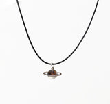 Silver Planet Necklace. Saturn Pendant - Adjustable Black Cotton Cord Necklace