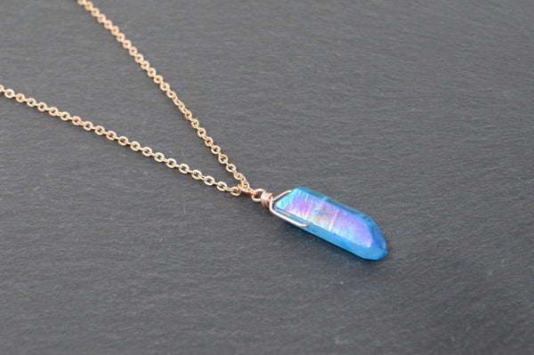 Rose Gold Blue Aura Necklace - Rose Gold Plated Chain - Choose Length