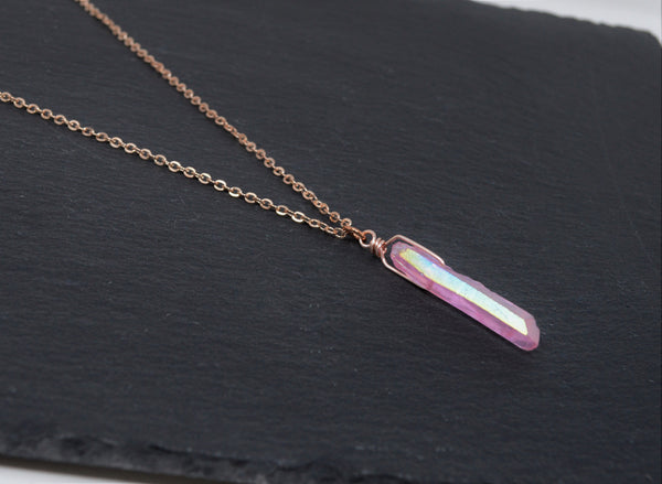 Rose Gold Light Pink Aura Necklace - Rose Gold Plated Chain - Choose Length